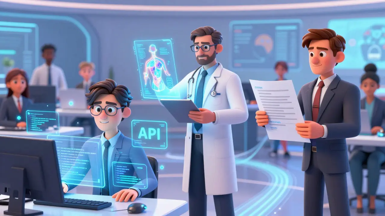 Diverse team learning industry-specific terms via holographic displays