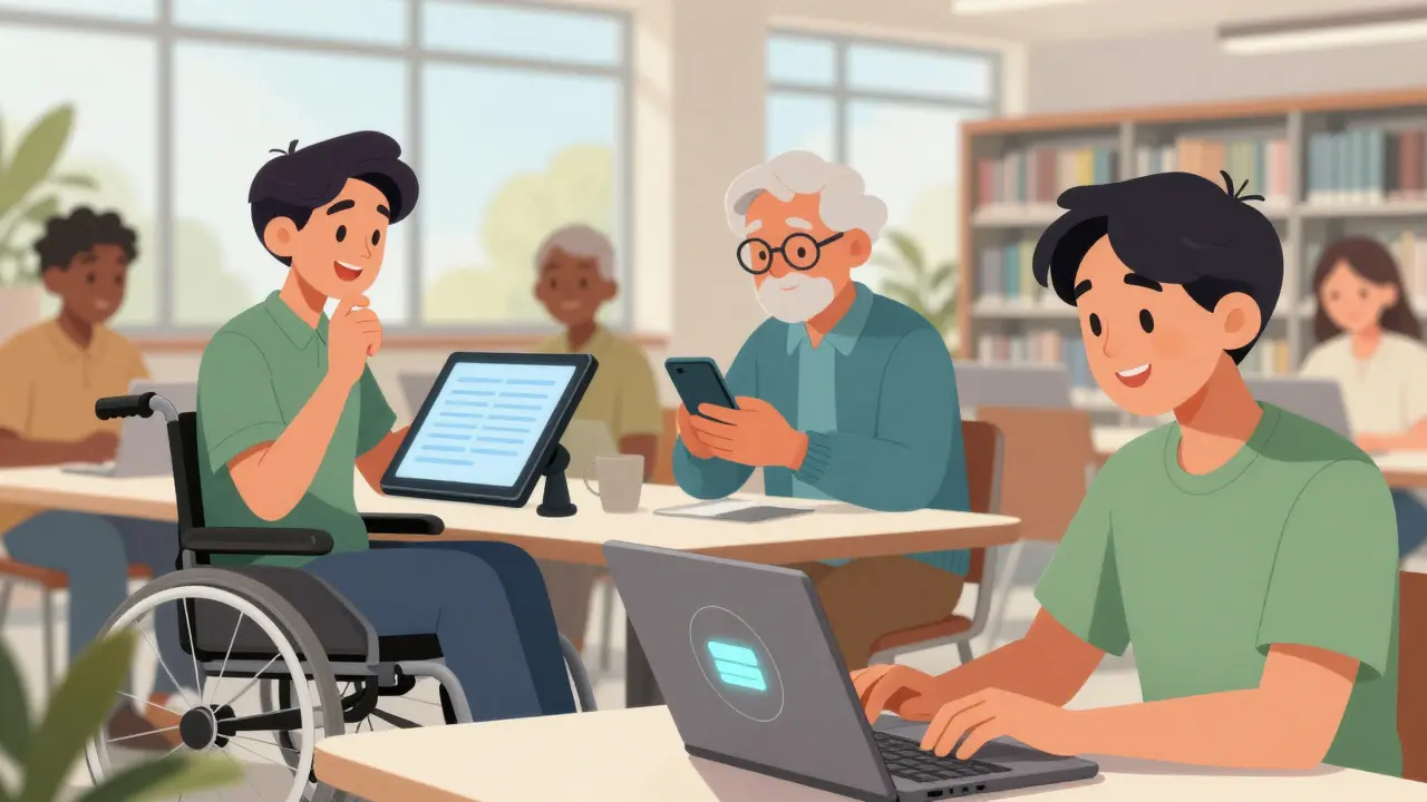Diverse users happily accessing digital content through inclusive design features