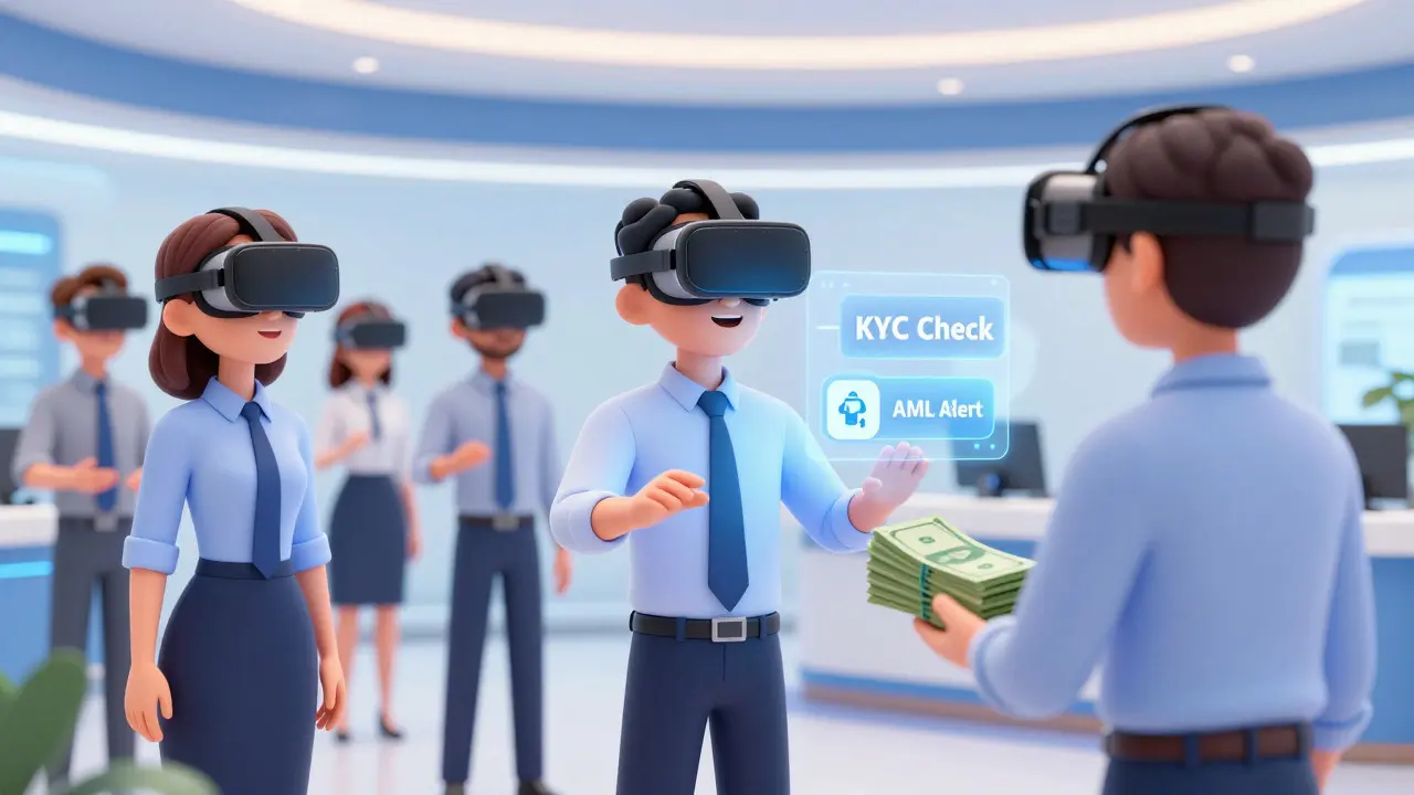 Employees using VR headsets for interactive compliance training simulation