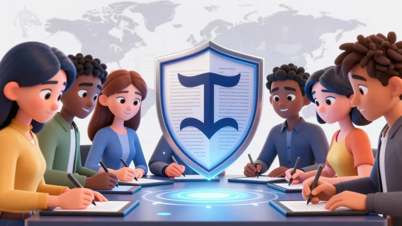 Global team signing digital contracts protected by a legal shield in 3D style.