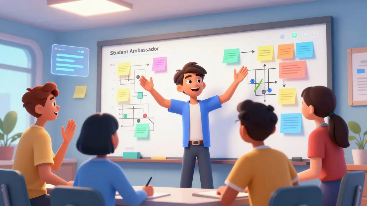 Group of animated students collaborating around a digital whiteboard in a breakout room.