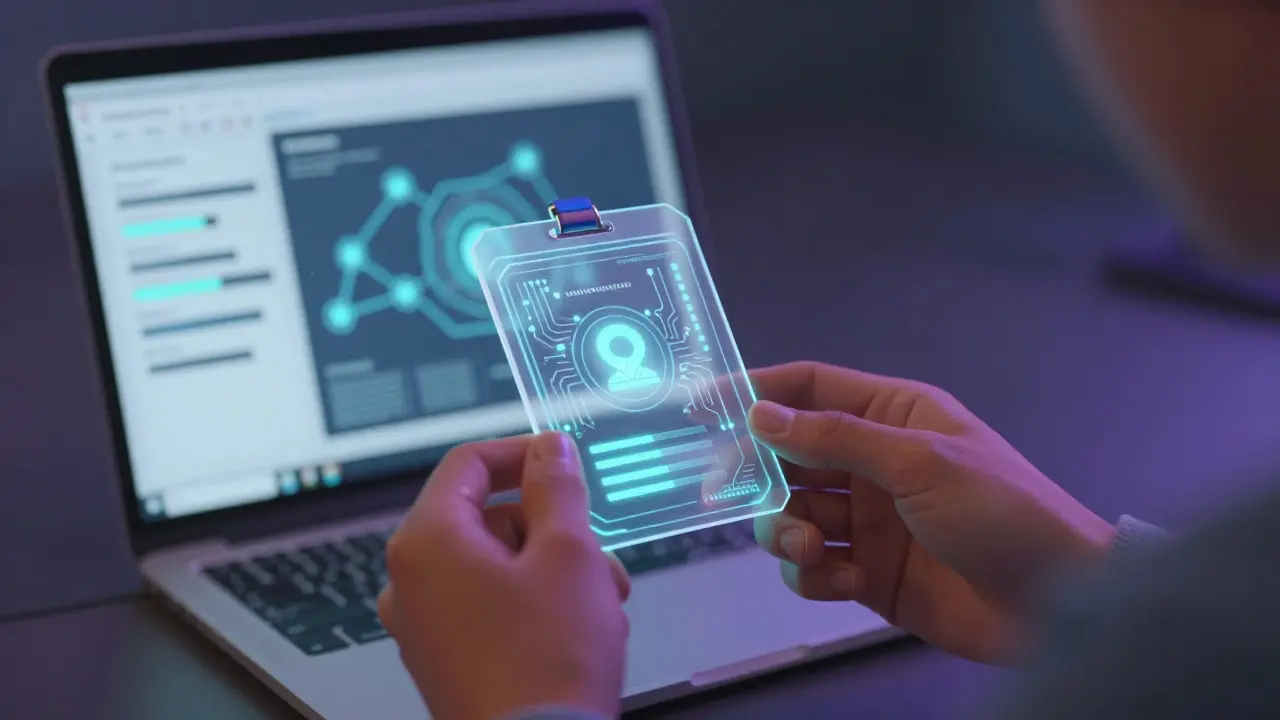 Hands holding a holographic digital badge showing verified skills and data streams.