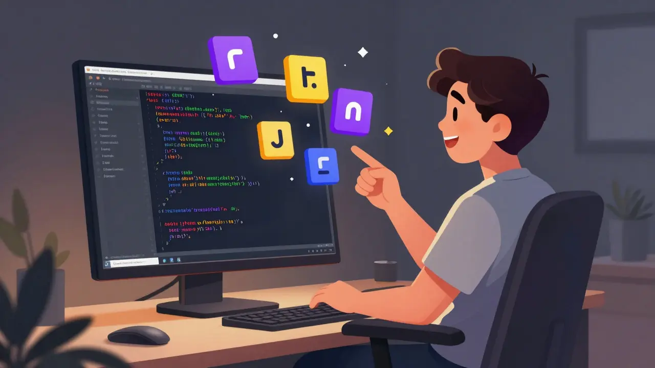 Happy coder working with clear, colorful code blocks in a dark mode theme
