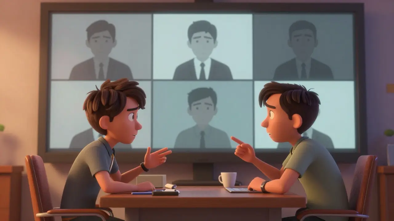 Hybrid team meeting where in-office staff dominate while remote workers feel isolated