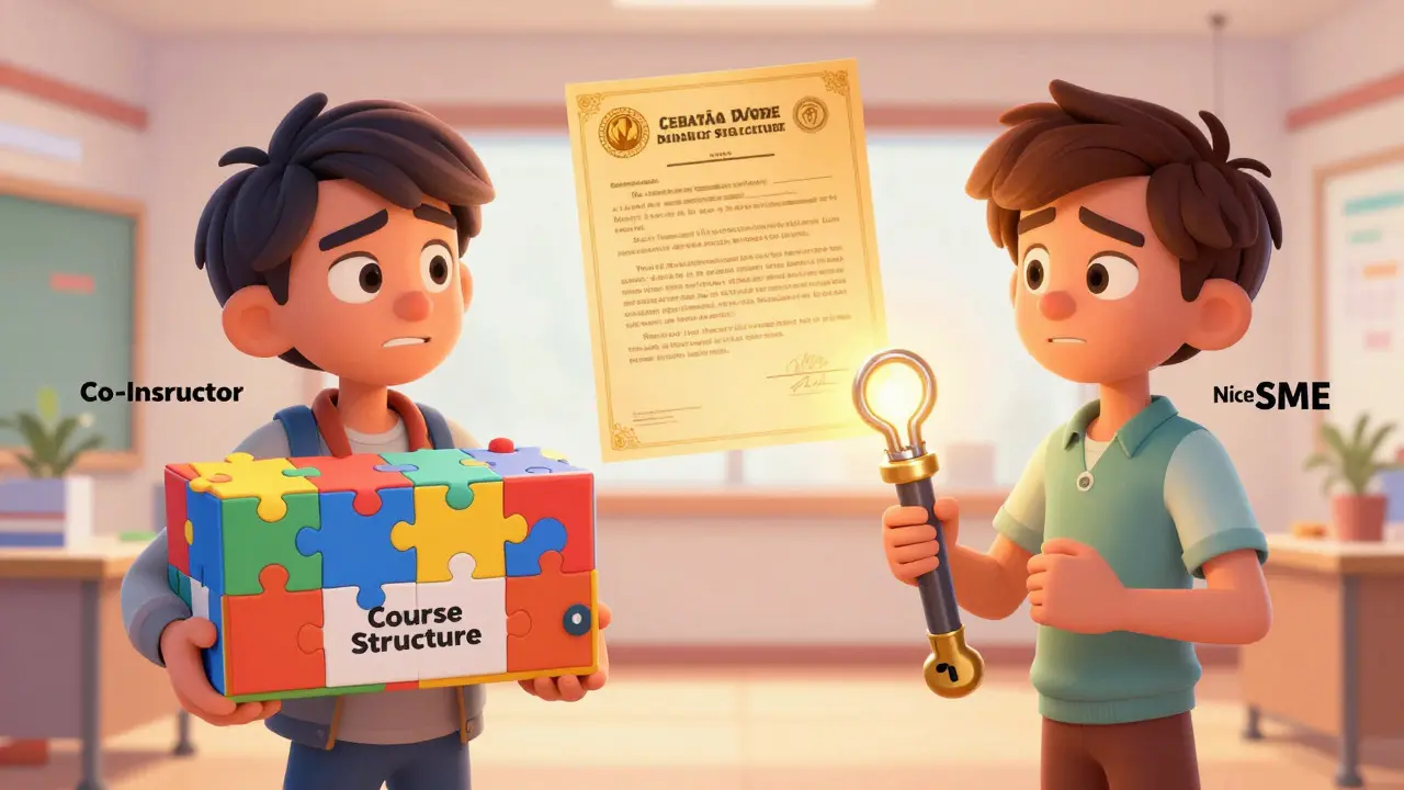 Illustration contrasting co-instructor and SME roles with floating contract document.