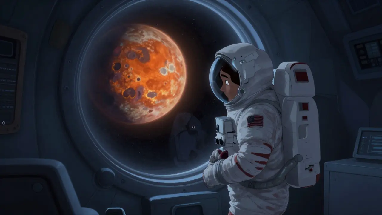 Lonely astronaut gazing at a distant planet through a spaceship window