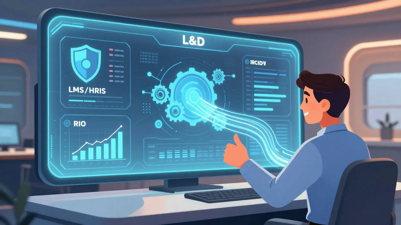 Manager monitoring a glowing dashboard showing security and ROI metrics.
