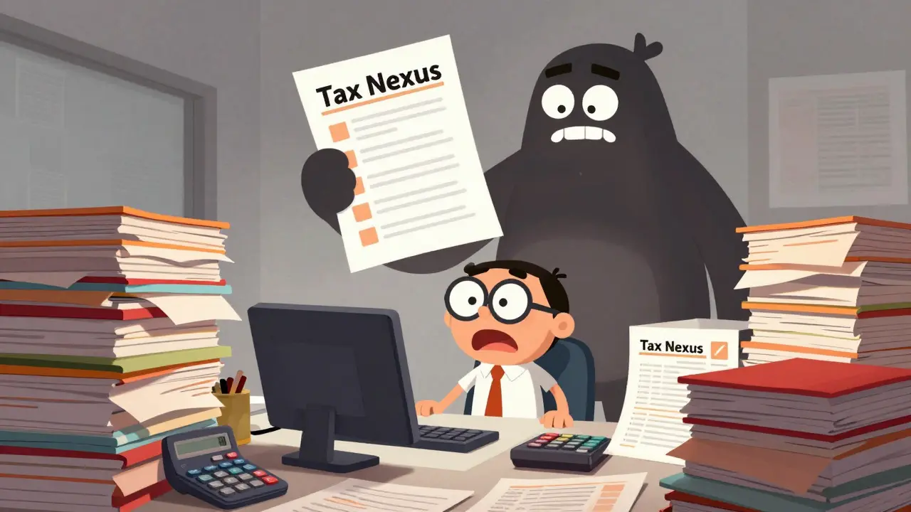 Overwhelmed business owner facing a mountain of tax forms and nexus rules