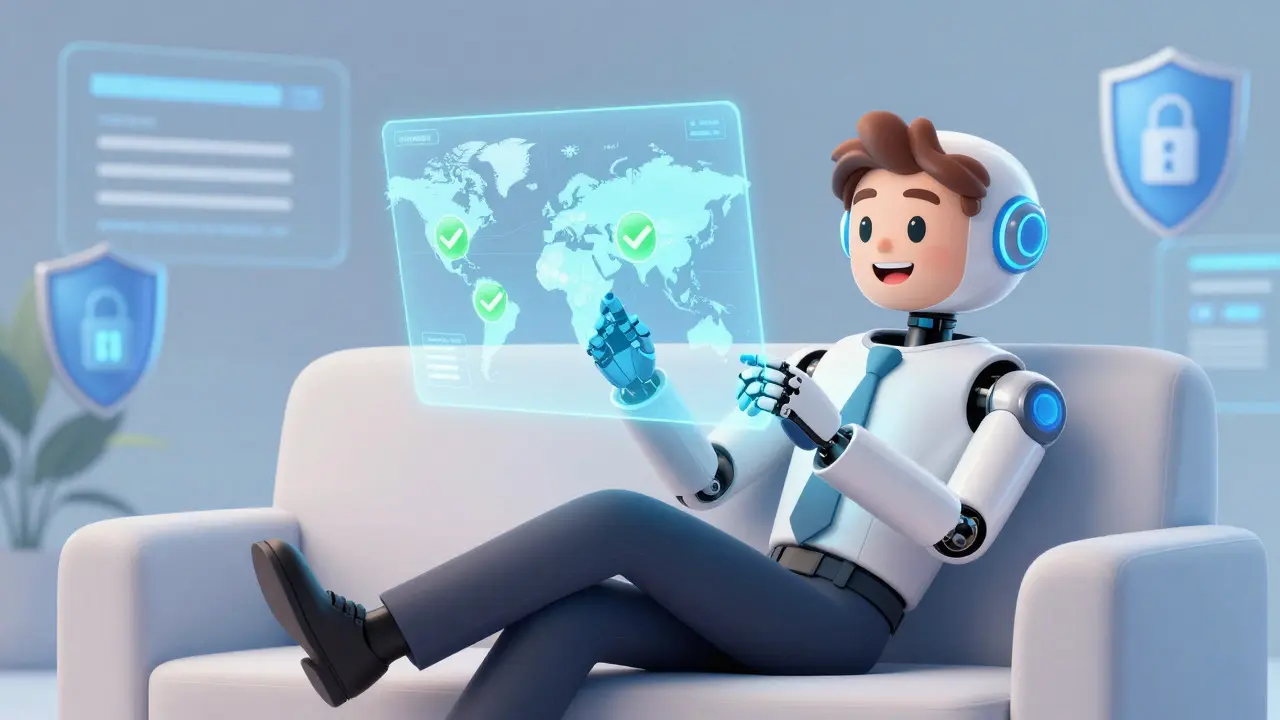 Robot assistant automating global tax compliance for a relaxed entrepreneur