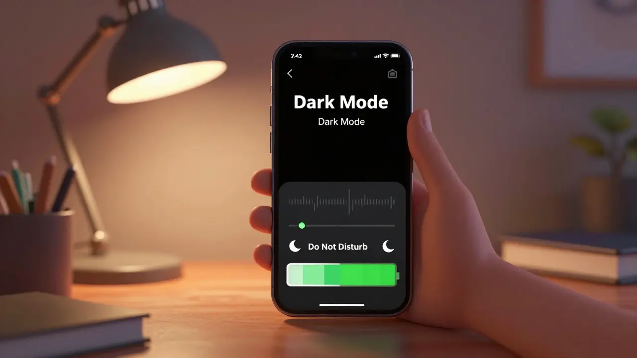 Smartphone in dark mode study setup with battery saver active