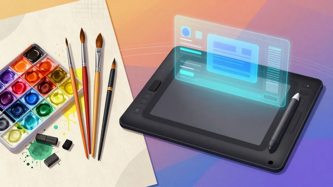 Split view comparing traditional painting tools with digital illustration tech