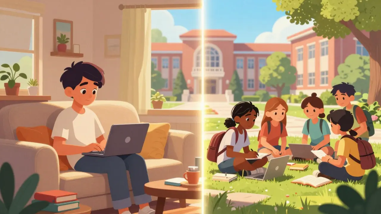 Split view of remote study at home and collaborative outdoor learning.