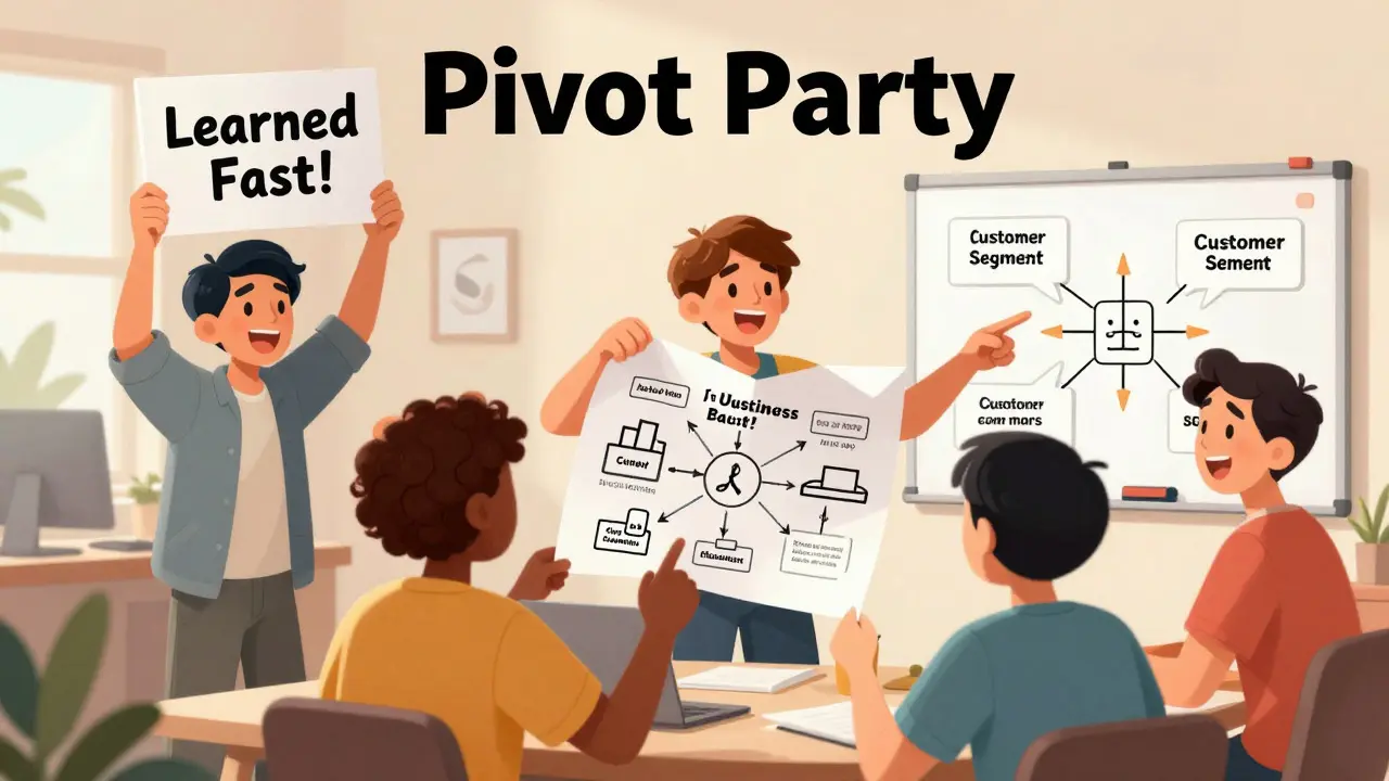 Startup team celebrating a strategic pivot after learning from data