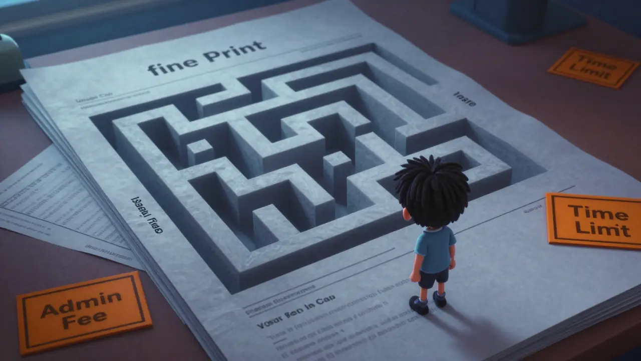 Student facing a maze made of fine print legal traps