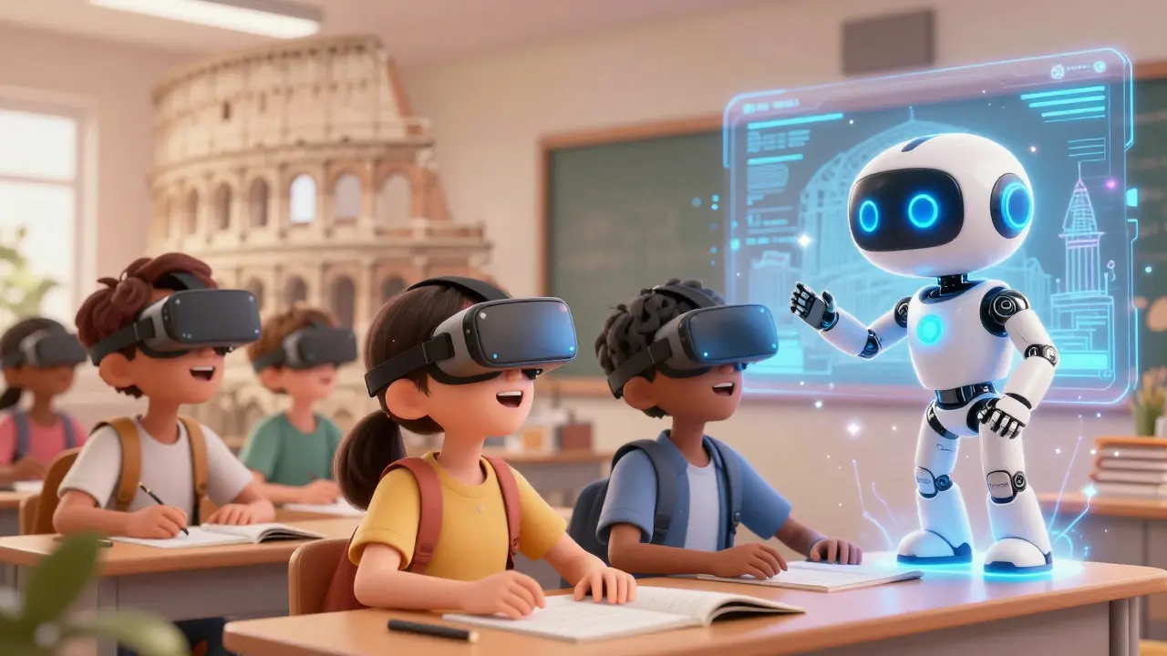 Students using VR headsets to explore ancient Rome with an AI robot.