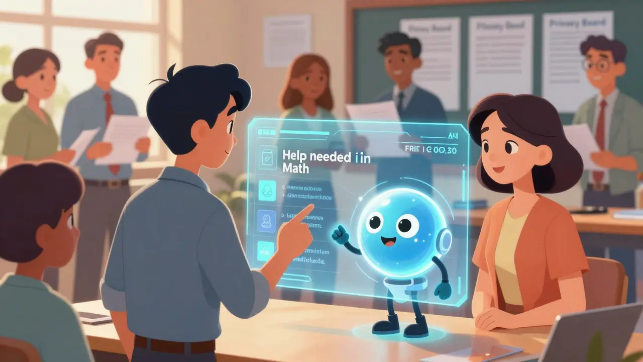 Teacher and parent reviewing transparent AI insights with a helper