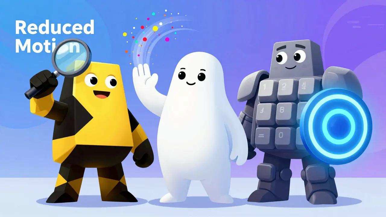 Three animated characters representing contrast, motion control, and keyboard navigation
