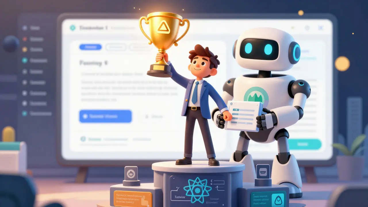 Triumphant developer with React trophy and API robot in DreamWorks style