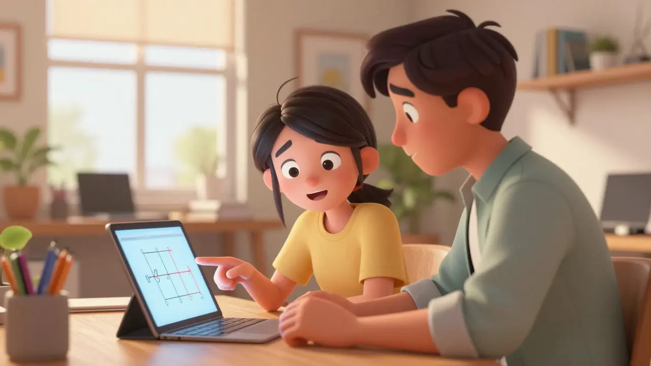 Two animated characters connecting during a supportive online office hour video call.