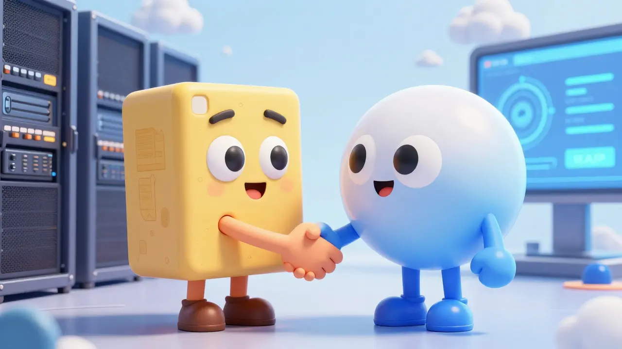 Two friendly software characters bridging old and new LMS platforms
