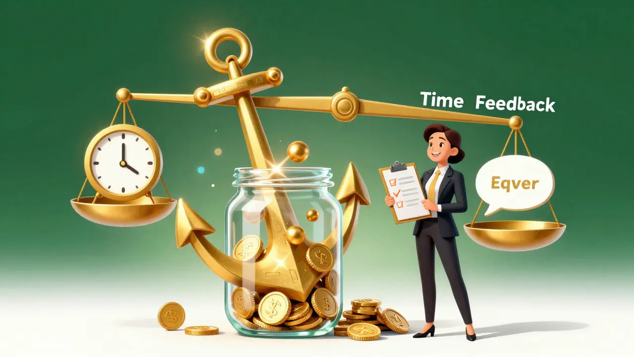 A golden anchor weighing down a jar of coins next to a satisfied business owner in cartoon style