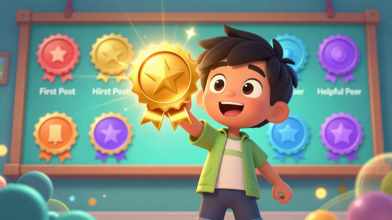 A proud student displaying a glowing digital badge among others on a wall