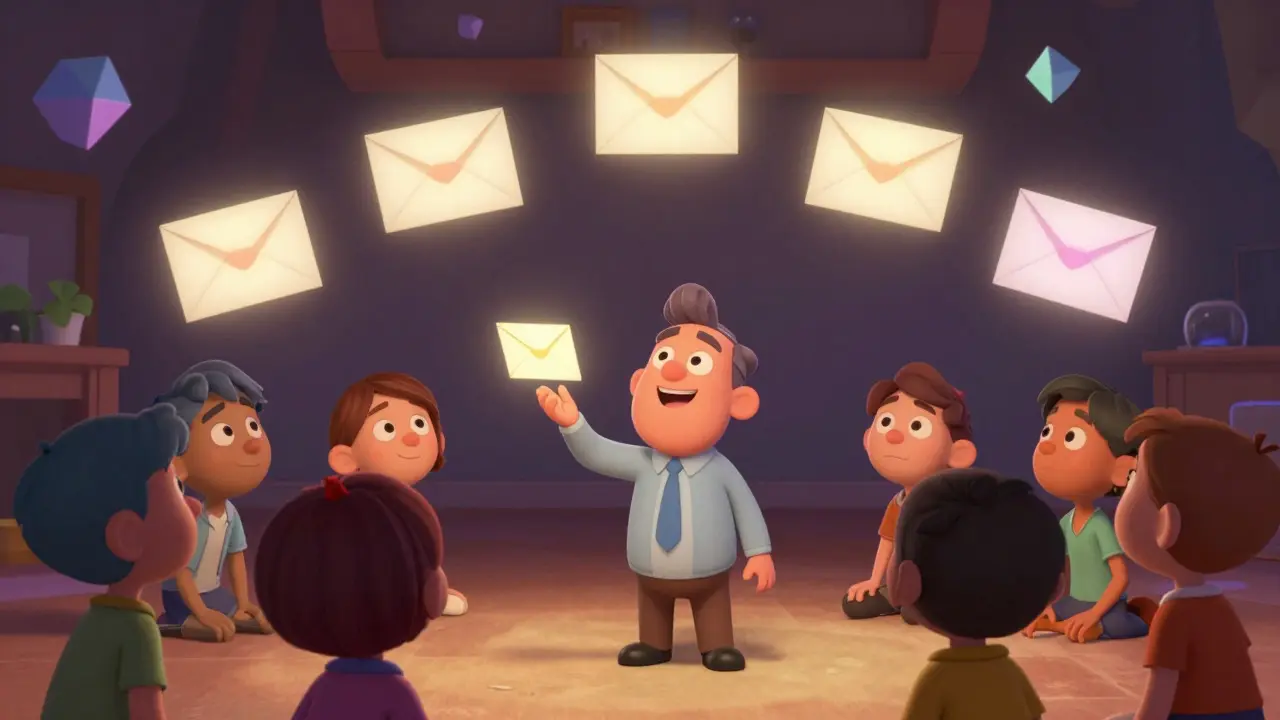 Animated mentor sending a sequence of emails to build trust with potential students