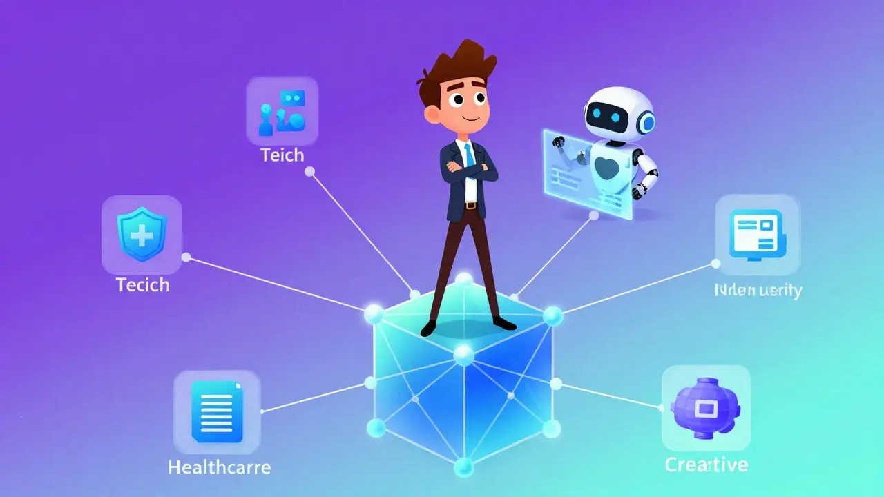 Character standing on a blockchain network connected to various industries