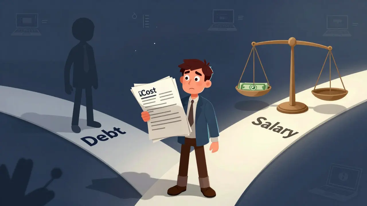 Character weighing financial options like loans and tuition against future salary potential.
