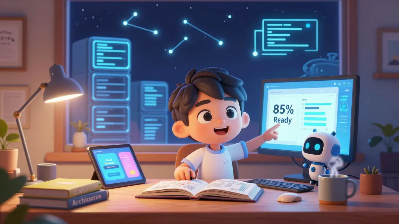 Cheerful person studying cloud certs with a helpful robot assistant