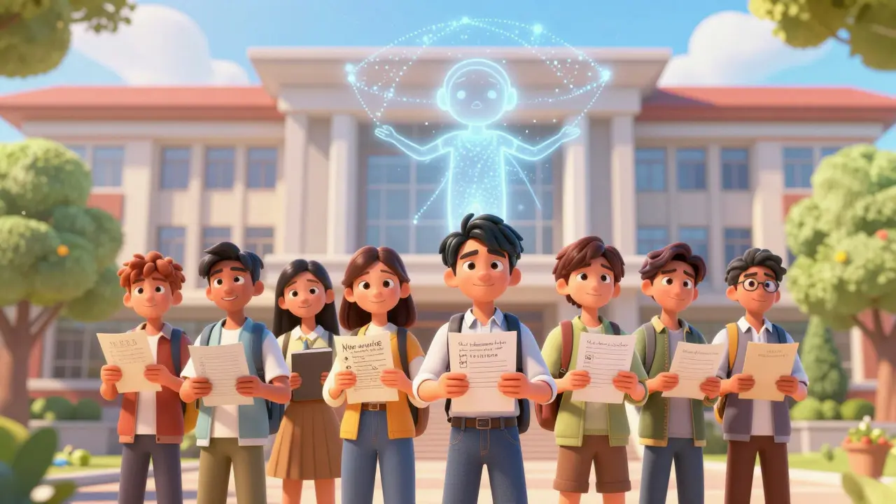 Confident students holding authentic work outside a university building.