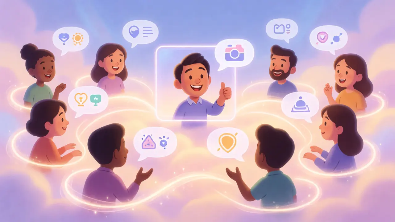 Connected avatars in a digital community with an instructor figure providing support
