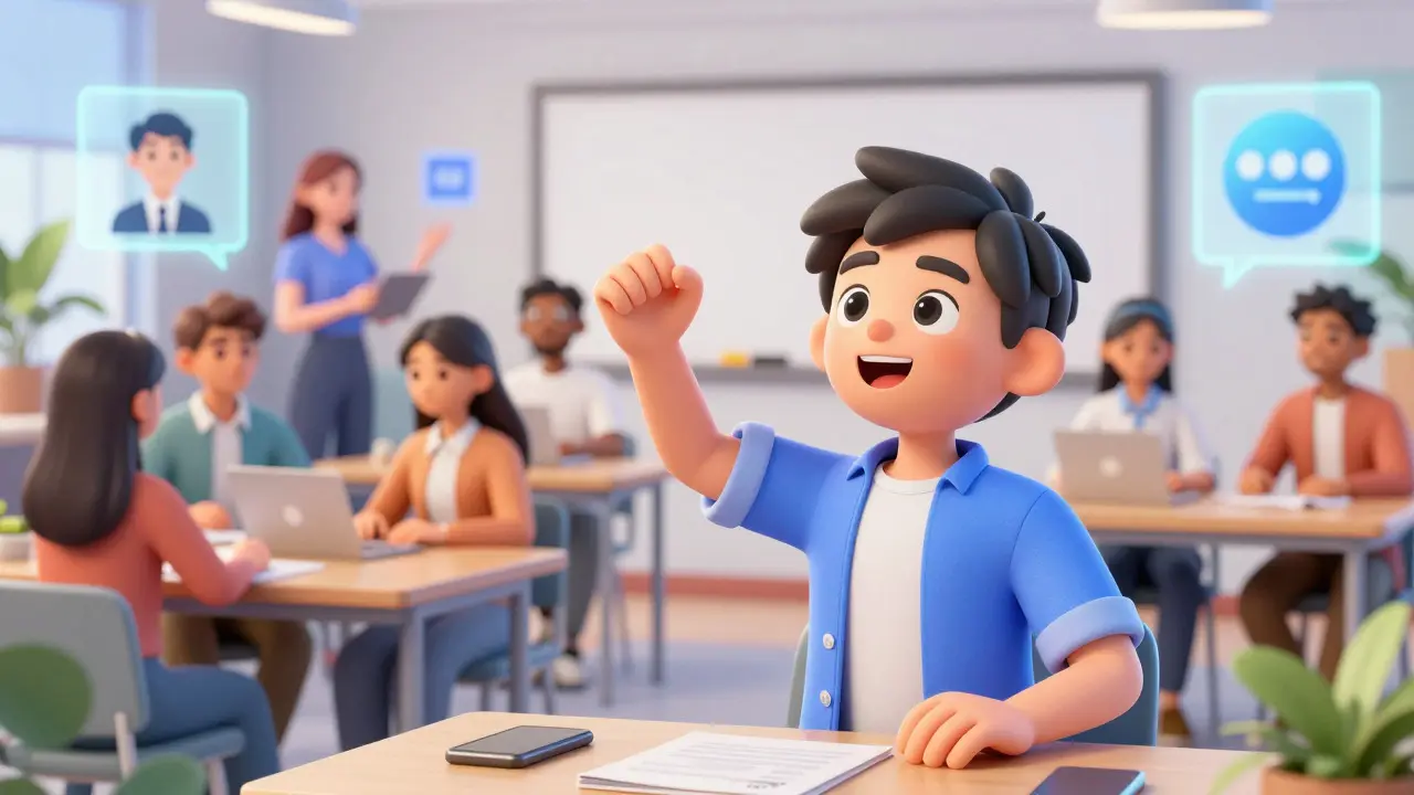 Empathetic AI avatars interacting in a futuristic virtual class