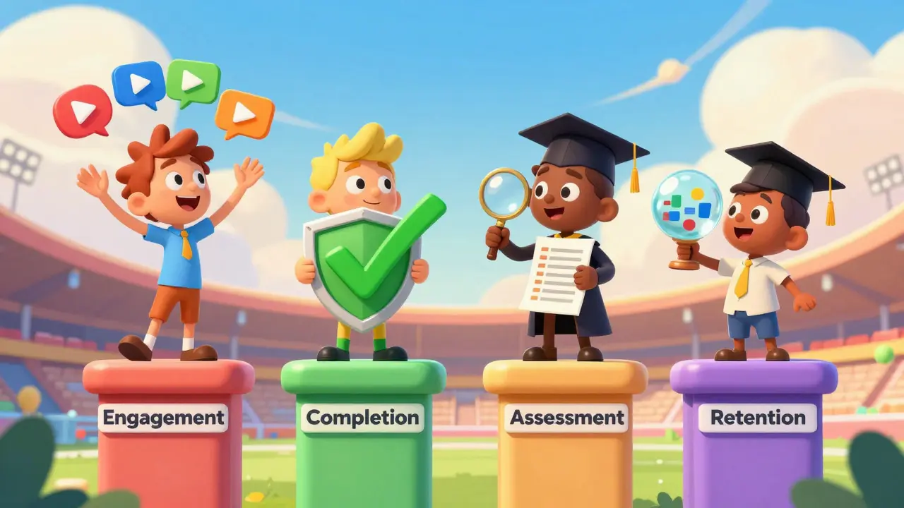 Four animated characters representing engagement, completion, assessment, and retention metrics