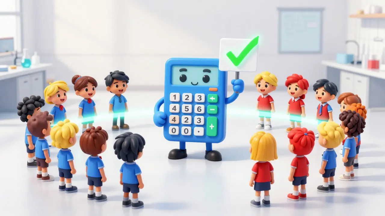 Friendly calculator character splitting students into test groups