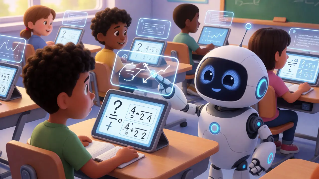 Friendly robot tutor guiding a student through a math problem in a bright classroom.