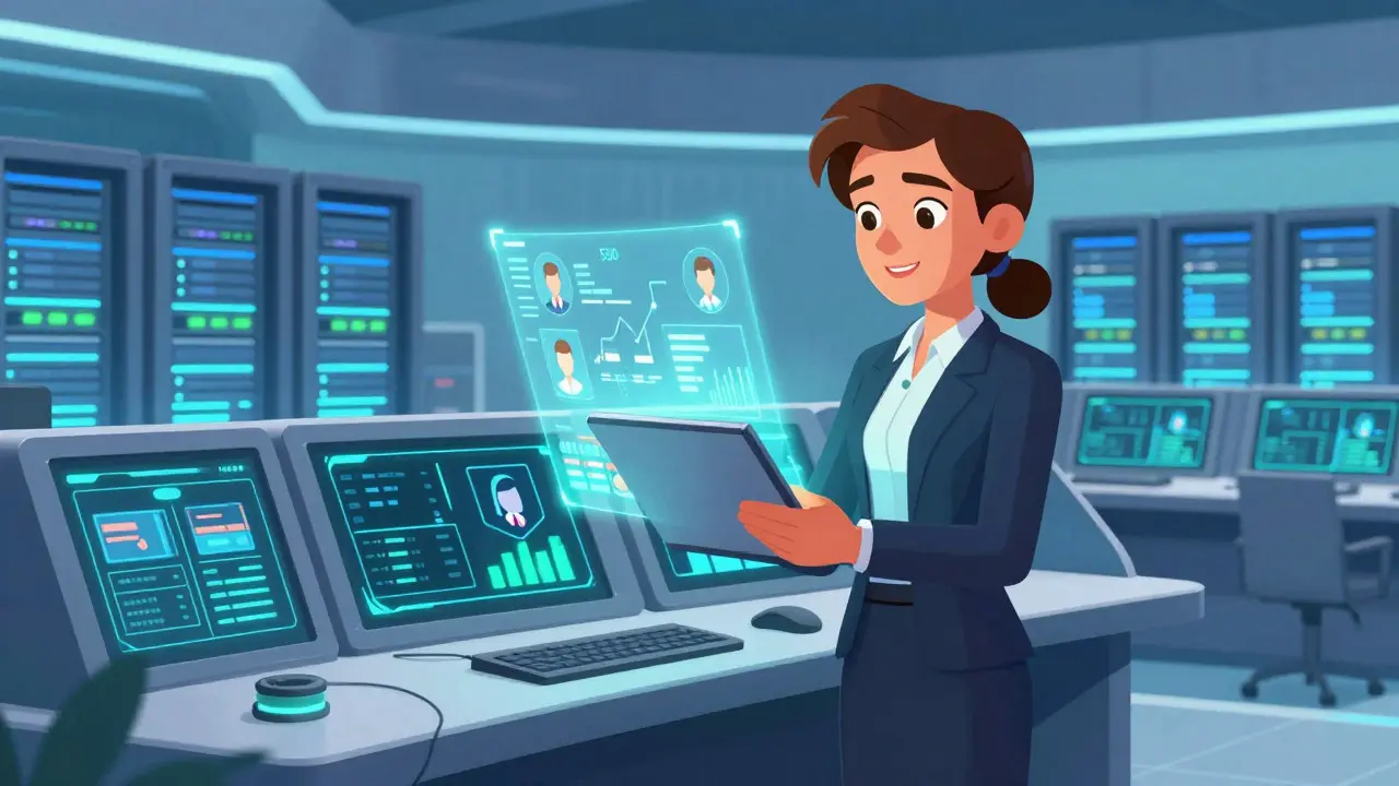 HR manager using advanced LMS dashboard to manage corporate training