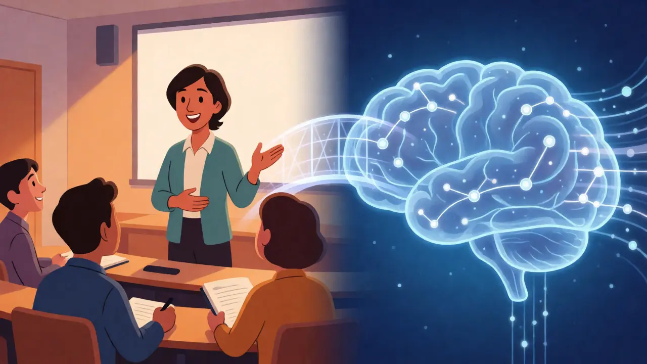 Human teacher mentoring students alongside a digital AI brain processing data.