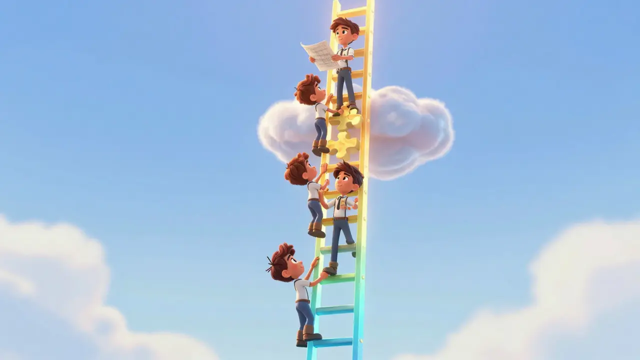 Illustration of a four-level skill ladder with characters at each stage