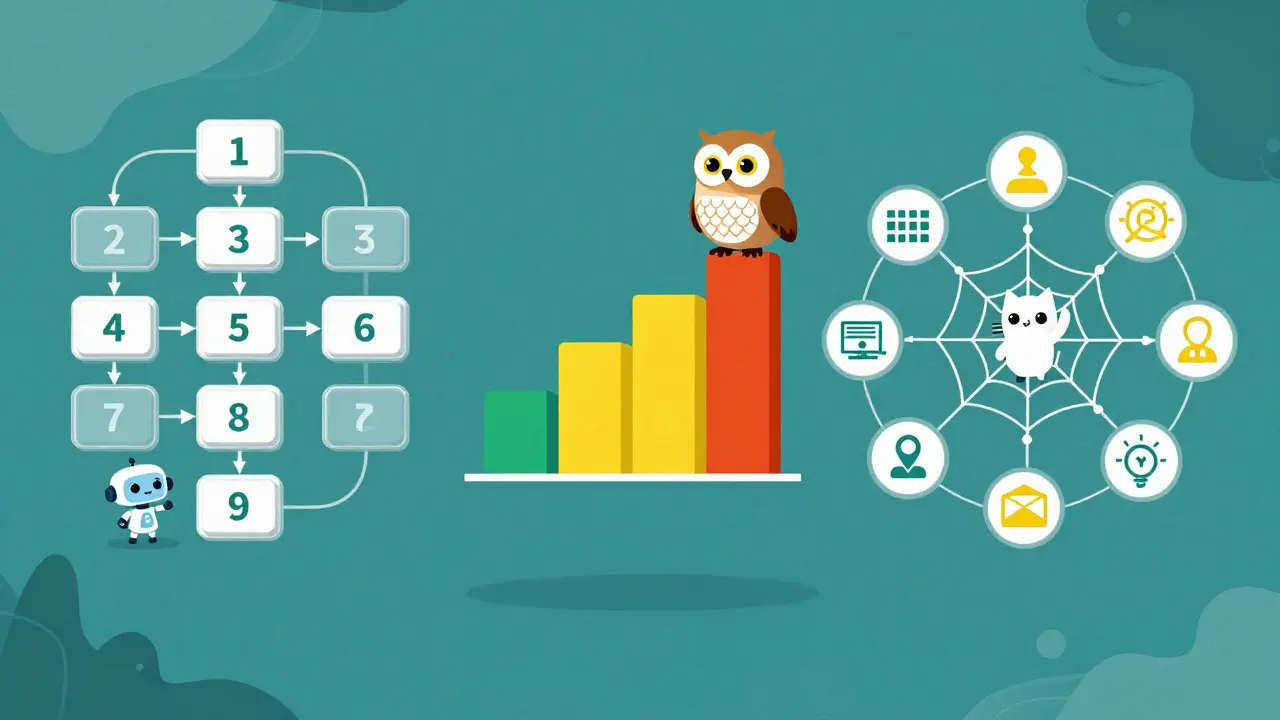 Illustration of flowcharts, charts, and concept maps with animal characters