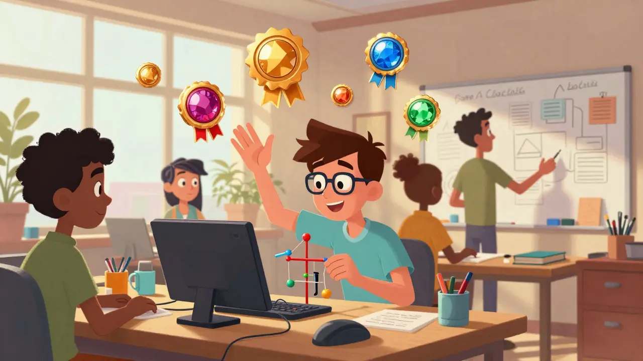 Illustration of people building skills with floating credential badges in a workshop