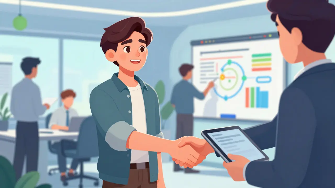 Junior developer celebrating a successful job interview in a modern tech office setting.