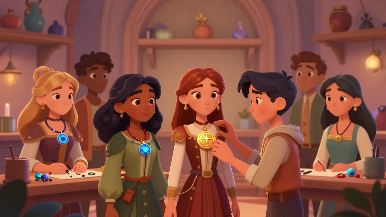 Learner customizing avatar accessories in a magical workshop
