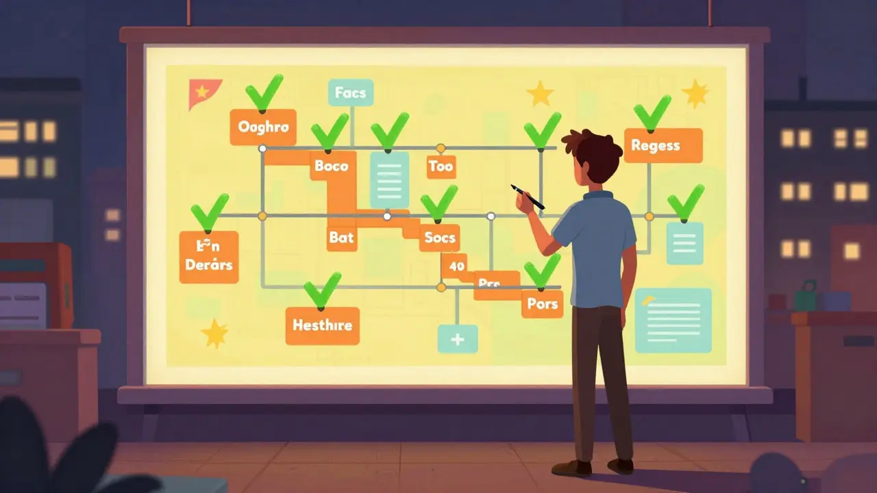Learner marking progress on a colorful, milestone-filled roadmap in a bright room.