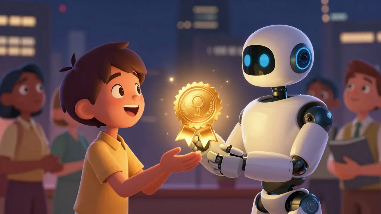 Learner receiving a glowing digital badge from a friendly robot assistant