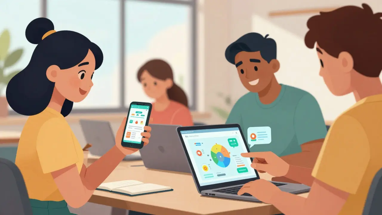 Learners using smartphones and laptops to view interactive educational graphics