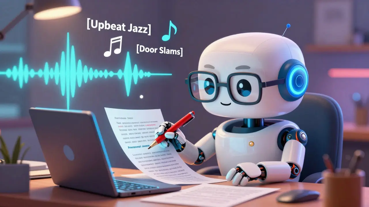 Robot editor correcting caption text and adding audio cues on a screen