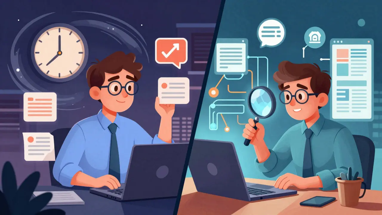 Split view of a manager handling a crisis and an analyst reviewing data