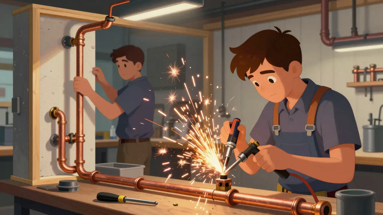 Student soldering copper pipes in a hands-on plumbing lab workshop