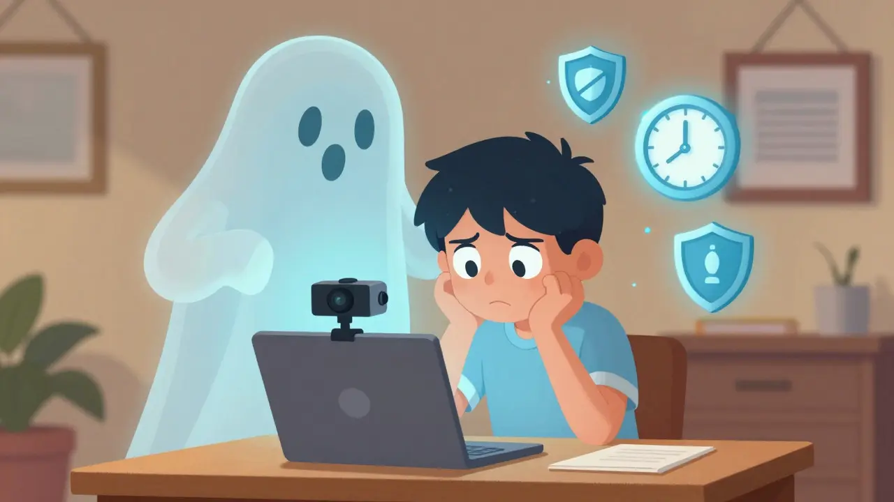 Student taking a remote proctored online exam with a virtual monitor watching